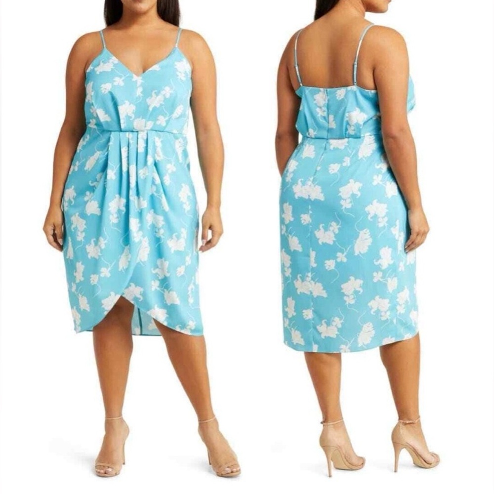 Chelsea28 Floral Faux Wrap Dress In Teal White Falling Orchids Size 3X